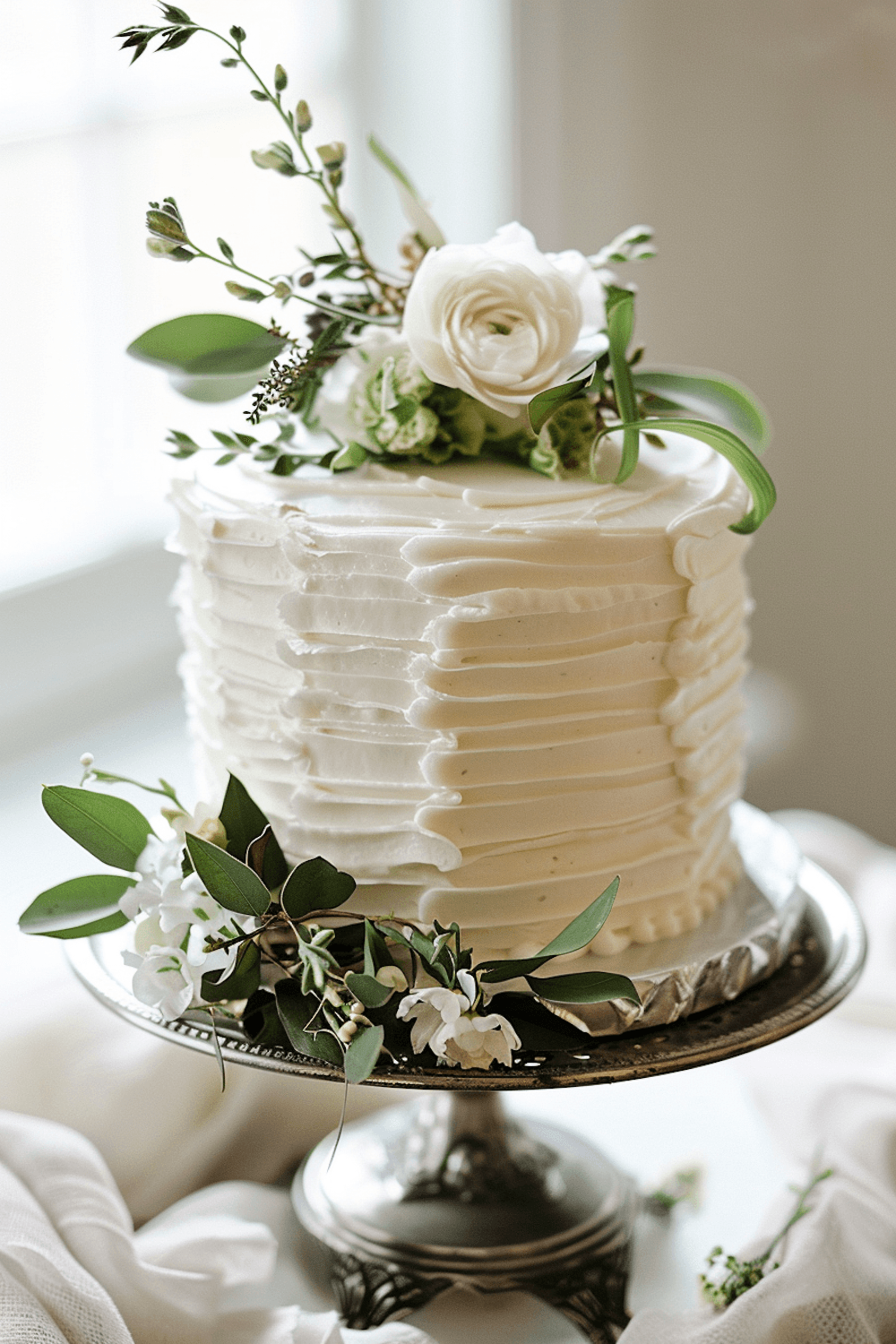 A tall white cake with textured buttercream and garden roses on a silver stand