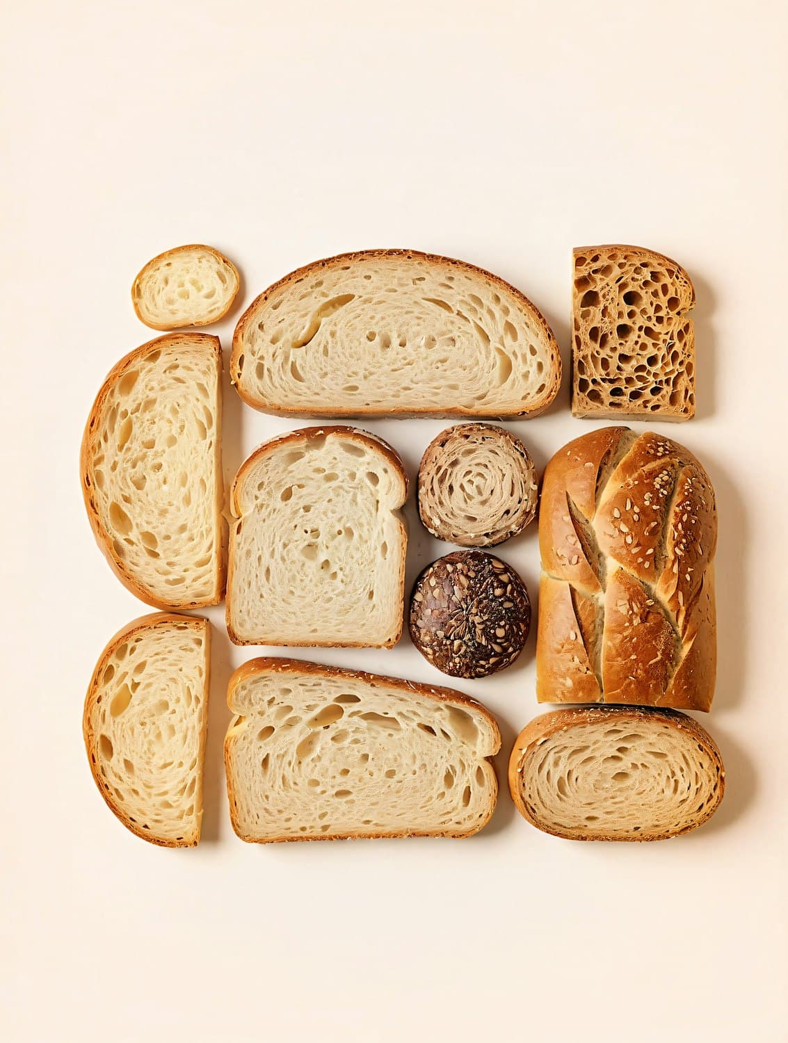 Slices of different breads laid out to show their crumb
