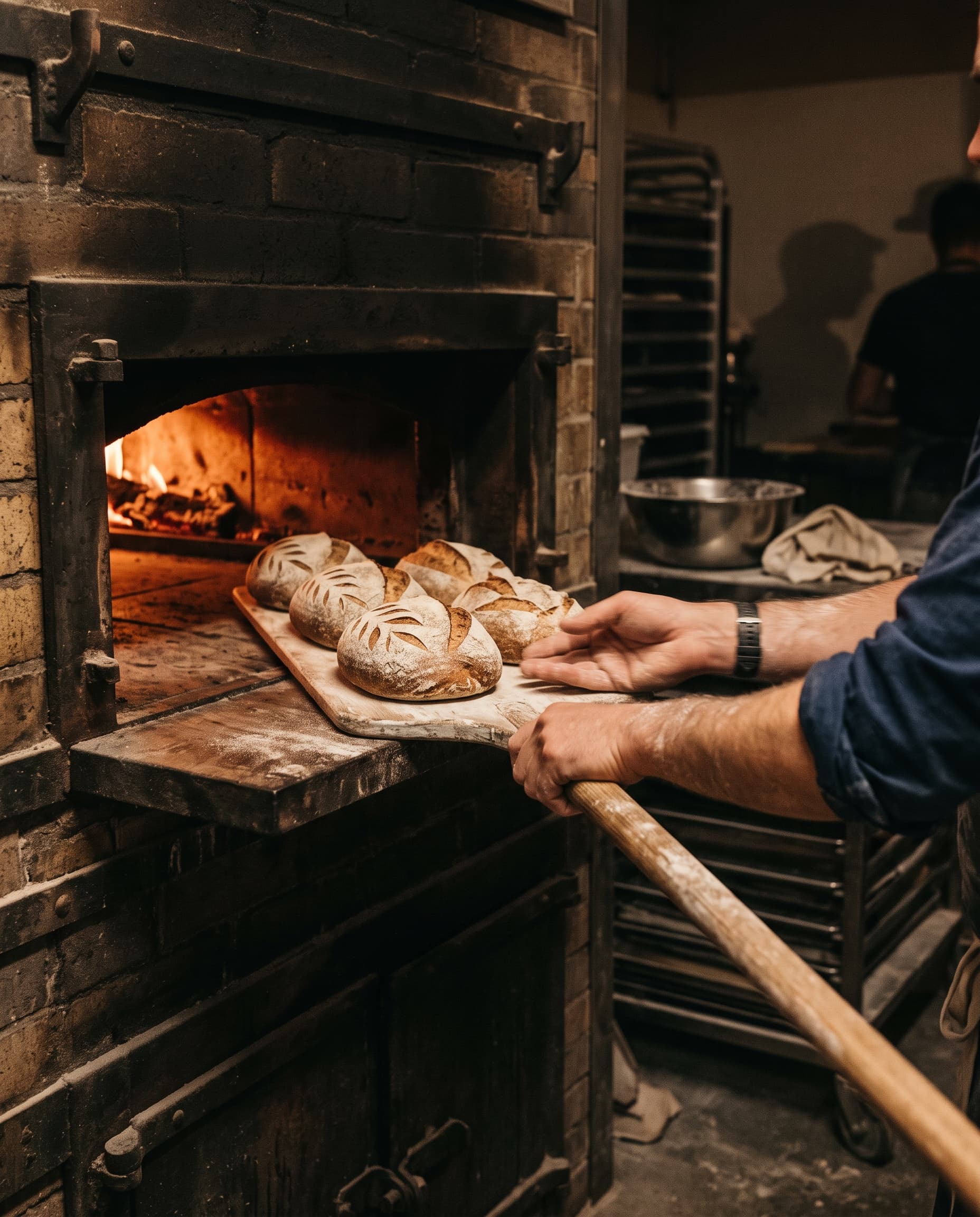 Scored loaves being slid into a stone deck oven on a wooden peel