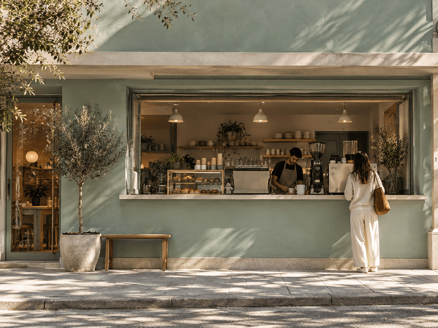 A small bakery shopfront with an open counter window in the morning